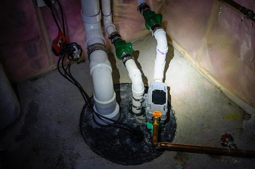 A sump pump in a residential basement in Caseyville, IL.